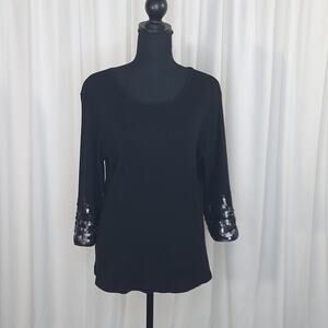 Coldwater Creek Black Knit Sweater 1X Sequin Cuff 3/4 Sleeve Y2K Plus Size